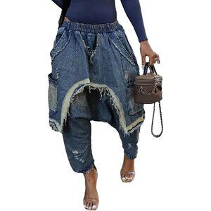 Women's Denim Harem Jeans High Waist Baggy Patchwork Frayed Hem
